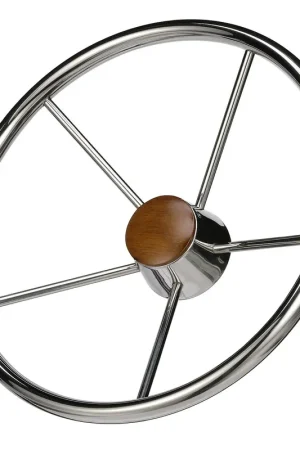 Low Price Seachoice 5-Spoke Destroyer Steering Wheel, Stainless Steel, Genuine Teak Center Cap
